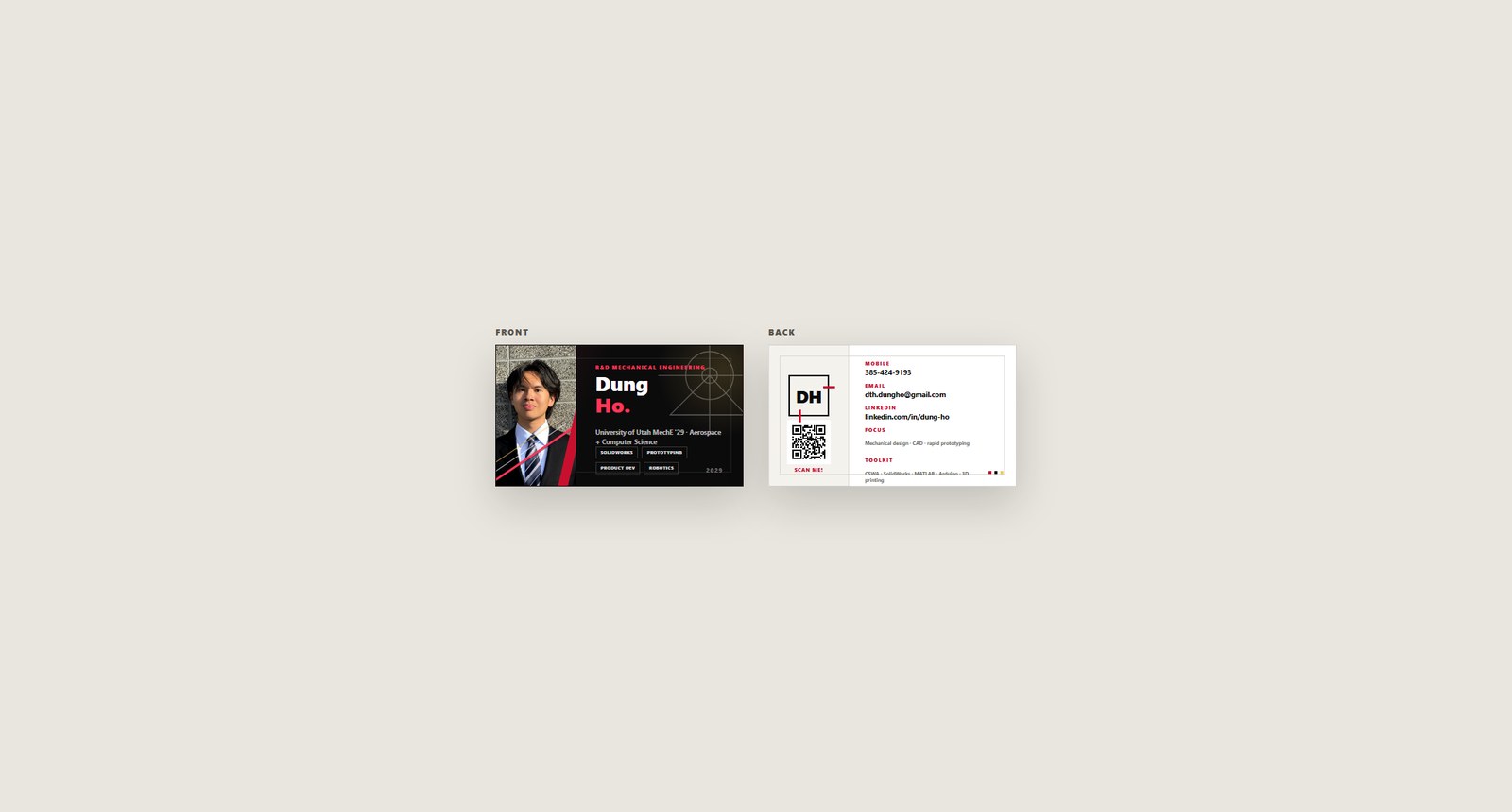 Front and back design mockup of Dung Ho's mechanical engineering business card